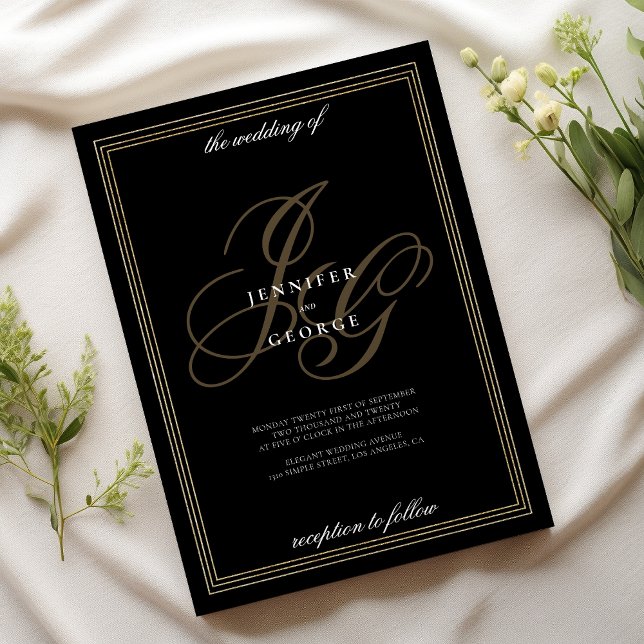 Invitation Noir or monogramme initiales mariage romantique (Black gold monogram initials romantic wedding)