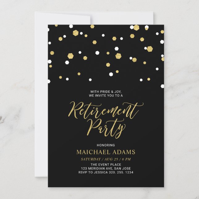 Invitation Noir & Or | Parti de retraite Hexagon Confetti (Devant)