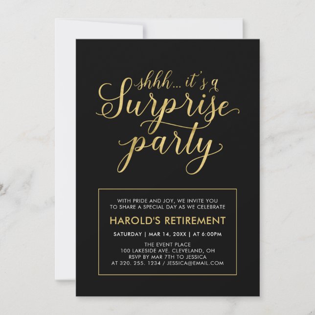 Invitation Noir & Or | Parti de retraite surprise moderne (Devant)