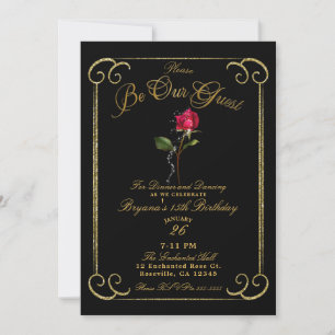 Invitation Noir & Or Rose Rouge Beauté Sweet 16 Anniversaire