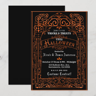 Invitation Noir & Orange Vintage Déco Halloween Victorien
