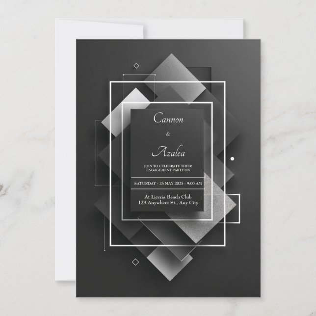 Invitation Noir Pailleté Argent Géométrique Diamant Superposé (Devant)