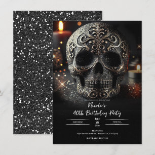Invitation Noir Paillettes Glamour Étincelle Crâne Gothique A