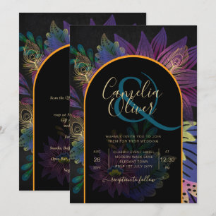 Invitation Noir Peacock Jewel Tones Floral Mariage
