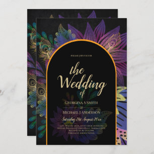 Invitation Noir Peacock Jewel Tones Floral Mariage