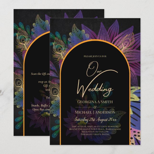Invitation Noir Peacock Jewel Tones Floral Mariage (Devant / Derrière)