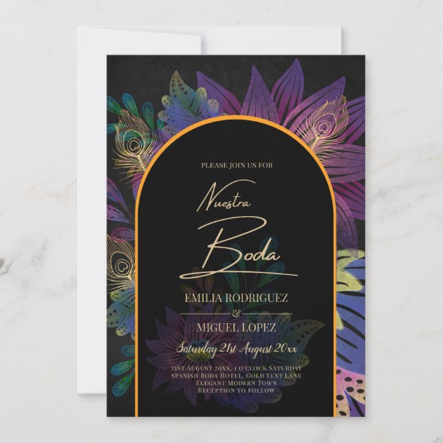 Invitation Noir Peacock Jewel Tones Floral Mariage (Devant)
