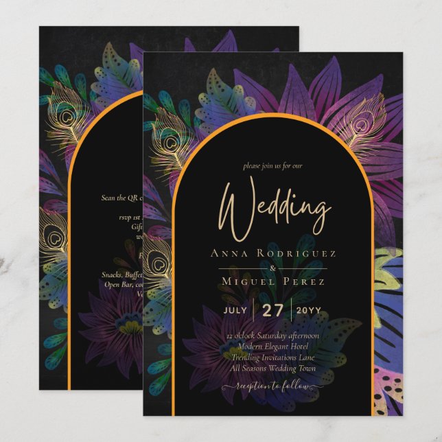 Invitation Noir Peacock Jewel Tones Floral Mariage (Devant / Derrière)