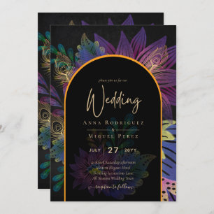 Invitation Noir Peacock Jewel Tones Floral Mariage
