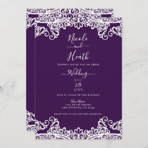 Invitation Noir Plum Violet & Blanc Dentelle Élégante Mariage