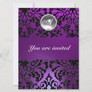 Invitation NOIR & PURPLE DAMASK GEM PIERRE MONOGRAMME glace
