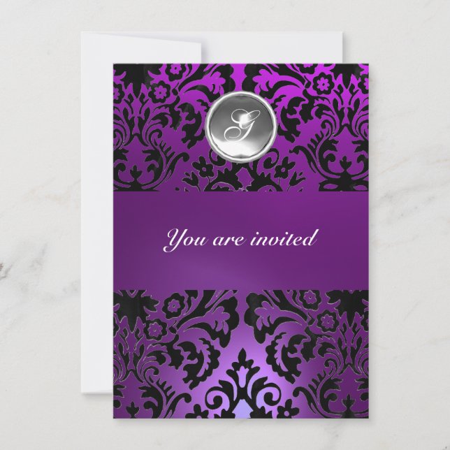 Invitation NOIR & PURPLE DAMASK GEM PIERRE MONOGRAMME glace (Devant)