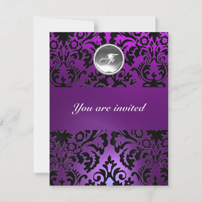 Invitation NOIR & PURPLE DAMASK GEM PIERRE MONOGRAMME glace (Devant)