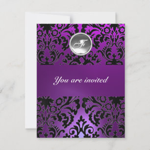 Invitation NOIR & PURPLE DAMASK GEM PIERRE MONOGRAMME glace