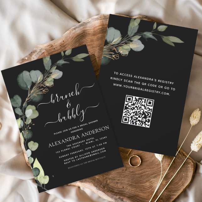Invitation Noir QR Code Brunch & Bubbly Eucalyptus (Créateur téléchargé)