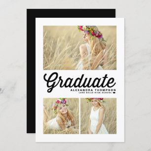 Invitation Noir Retro Script Trois Photo Graduation
