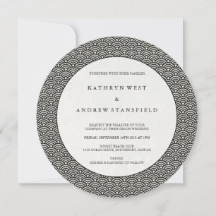 Invitation Noir rond + Blanc Art Déco Vague Motif Mariage