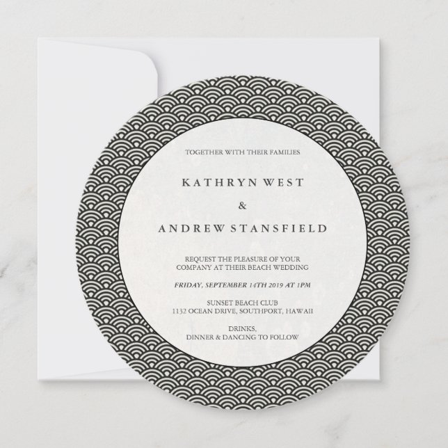 Invitation Noir rond + Blanc Art Déco Vague Motif Mariage (Devant)