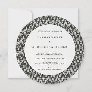 Invitation Noir rond + Blanc Art Déco Vague Motif Mariage