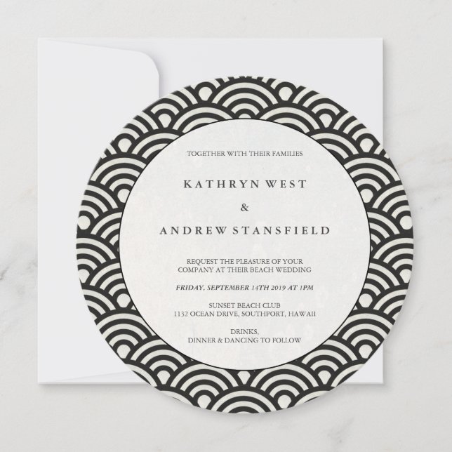 Invitation Noir rond + Blanc Japonais Vagues Mariage (Devant)
