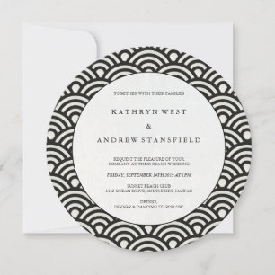 Invitation Noir rond + Blanc Japonais Vagues Mariage