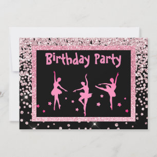Invitation Noir rose Ballerina Étincelle Enfants Anniversaire