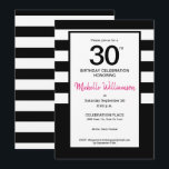 Invitation Noir, Rose, Bandes blanches, fête du 30e anniversa<br><div class="desc">Fêtez son 30e anniversaire avec cette invitation chic à rayures blanches et noires. Le rose peut être changé mais le rose tendance est assez génial. Customisez chaque champ avec les détails de la fête.</div>