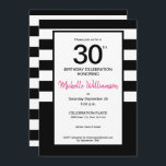 Invitation Noir, Rose, Bandes blanches, fête du 30e anniversa<br><div class="desc">Fêtez son 30e anniversaire avec cette invitation chic à rayures blanches et noires. Le rose peut être changé mais le rose tendance est assez génial. Customisez chaque champ avec les détails de la fête.</div>