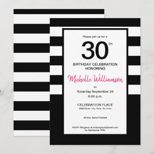 Invitation Noir, Rose, Bandes blanches, fête du 30e anniversa