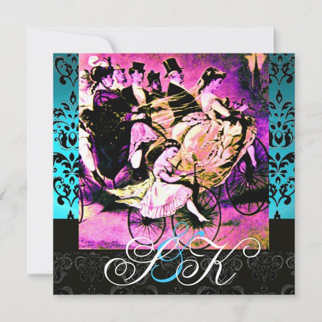 INVITATION NOIR ROSE BICYCLETTE MARIAGE DAMASSÉ MONOGRAMME (Devant)
