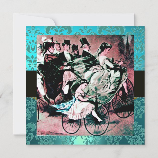 INVITATION NOIR ROSE BLEU BICYCLE MARIAGE DAMASK MONOGRAM (Devant)