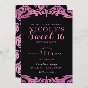 Invitation Noir & rose Damask Chic Elegant Sweet 16 Party