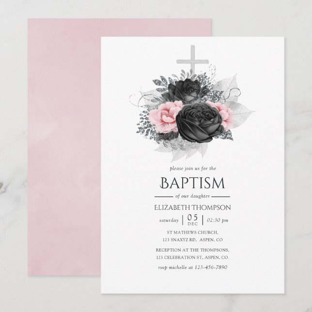 Invitation Noir Rose et Argent Fleurs Vintage Baptême (Devant / Derrière)