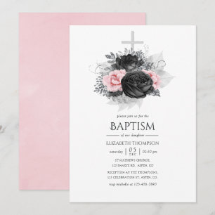 Invitation Noir Rose et Argent Fleurs Vintage Baptême