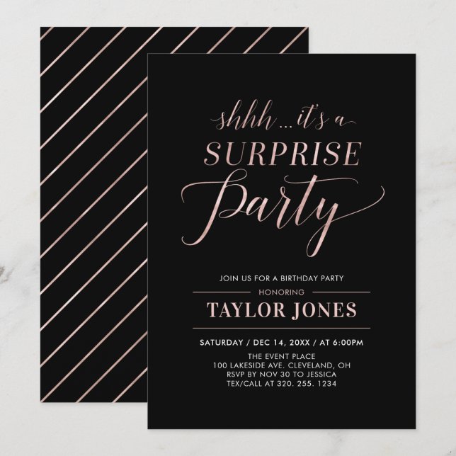 Invitation Noir & Rose Gold | Fête d'anniversaire surprise mo (Devant / Derrière)