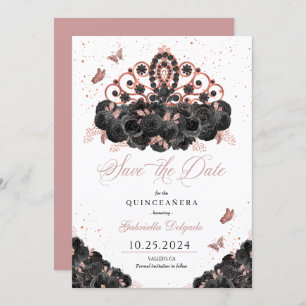 Invitation Noir & Rose Gold Tiara Enregistrer La Date Quincea