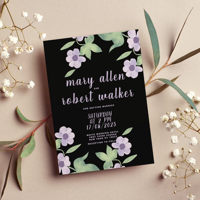 Invitation Noir rose lavande vert fleuri mariage (Black pink lavender green floral spring wedding )
