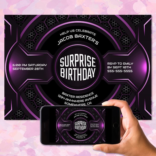 Invitation Noir rose N'importe quel âge Surprise fête d'anniv (Créateur téléchargé)