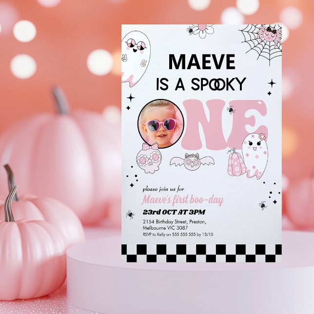Invitation Noir rose rétro Éffrayant un 1er anniversaire (Spooky One Birthday Invitation, Girls Halloween 1st Birthday Invitation, Pink Black Spooky One )