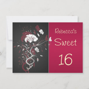 Invitation Noir, rouge, blanc, floral, papillon Sweet 16