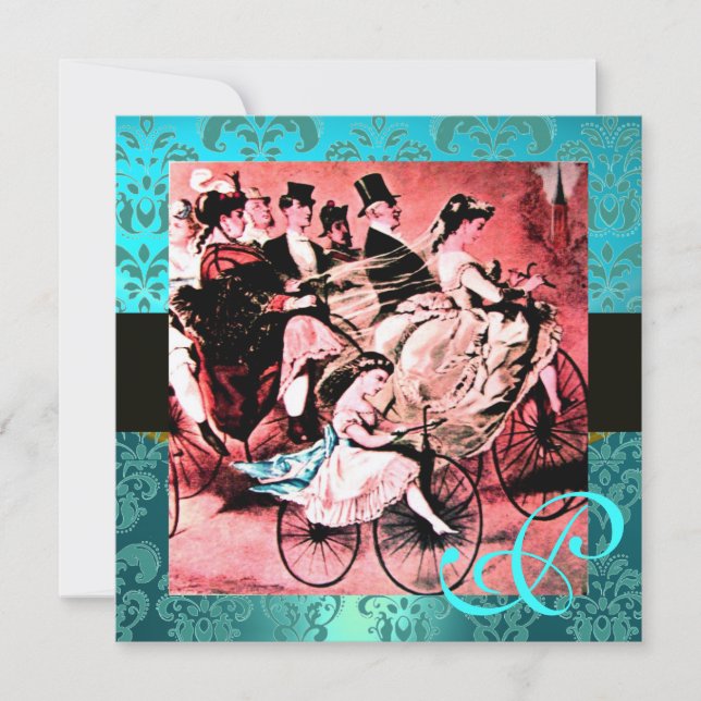 INVITATION NOIR ROUGE BLEU BICYCLETTE MARIAGE DAMAS MONOGRAMM (Devant)