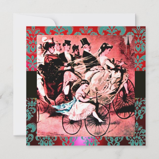 INVITATION NOIR ROUGE BLEU BICYCLETTE MARIAGE DAMAS MONOGRAMM (Devant)