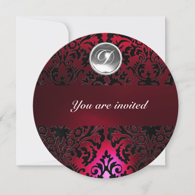 Invitation NOIR & ROUGE DAMASSÉ PIERRE GEMME MONOGRAMME borde (Devant)