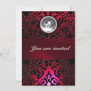 Invitation NOIR & ROUGE DAMASSÉ PIERRE GEMME MONOGRAMME burgu