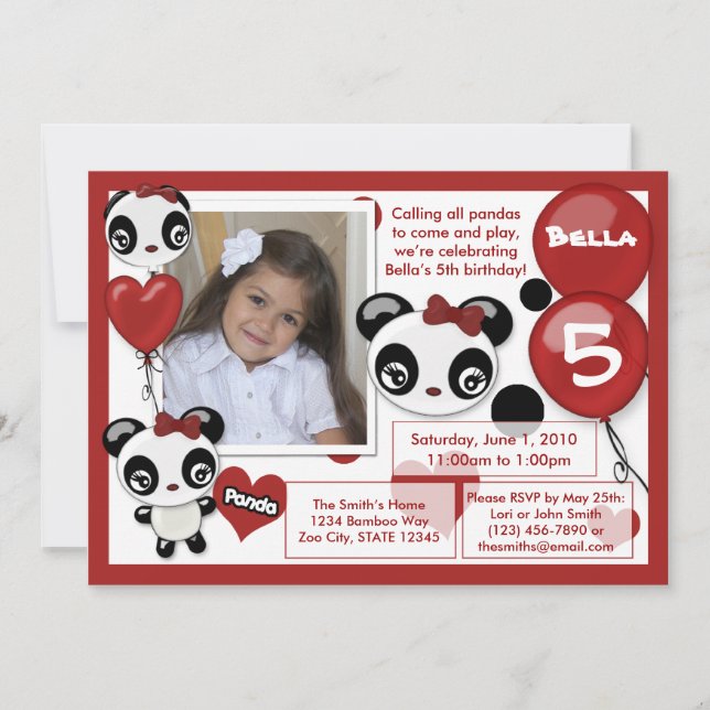 Invitation Noir rouge d'invitation d'anniversaire de panda (Devant)