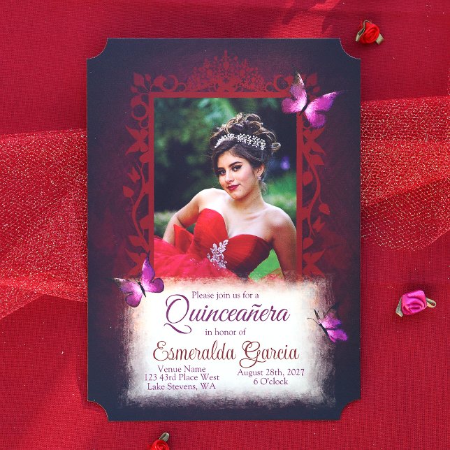 Invitation Noir, Rouge Foncé, Papillons Violets Quinceanera (Dark Red, Burgundy Quinceanera Invitation)