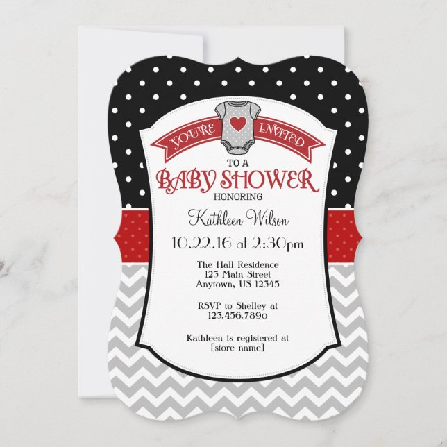 Invitation Noir rouge gris Polkadot Chevron Baby shower Invit (Devant)