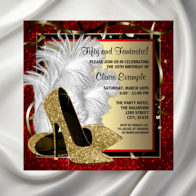 Invitation Noir Rouge Haut talons fête d'anniversaire (Beautiful gold shoes on a red, black and gold feathers and confetti background any event invitation.)