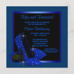 Invitation Noir Royal Bleu Haut talons femmes fête d'annivers
