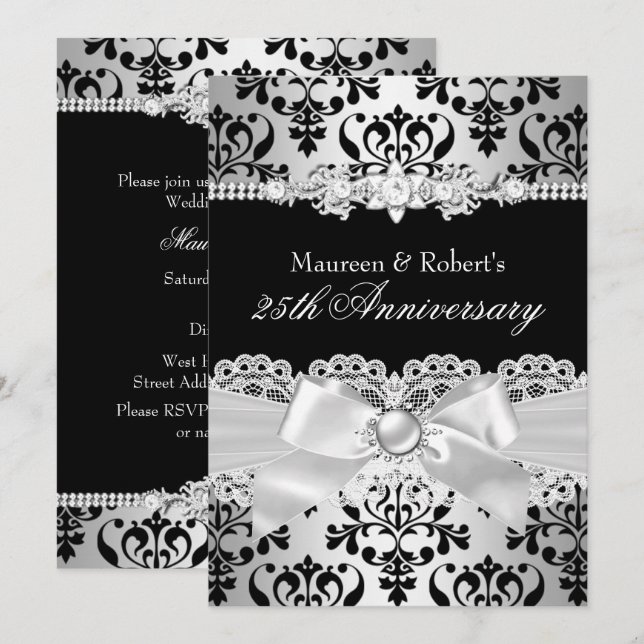 Invitation Noir Ruban de Damassé Perle Argent 25e Anniversair (Devant / Derrière)